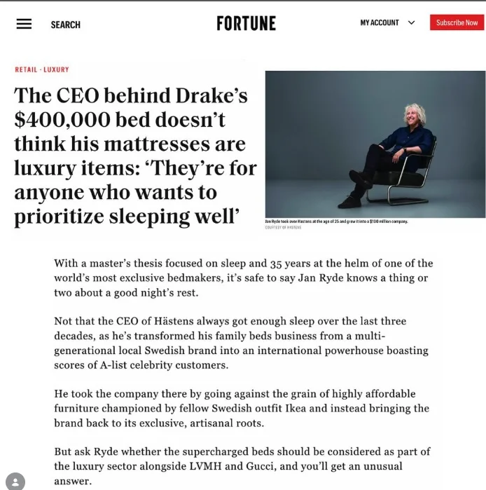 Fortune headline: The CEO behind Drake's $400,000 bed doesn't think his mattresses are luxury items